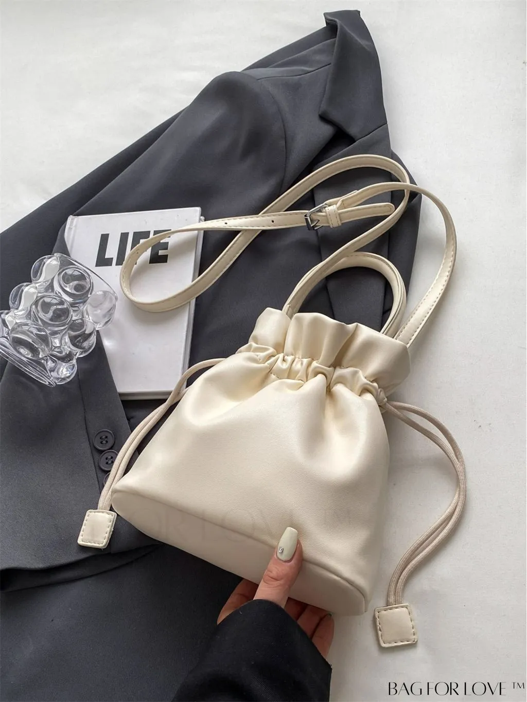 BagForLove - Compact Beige Handheld Shoulder Bag with Drawstring Closure - Stylish and Functional