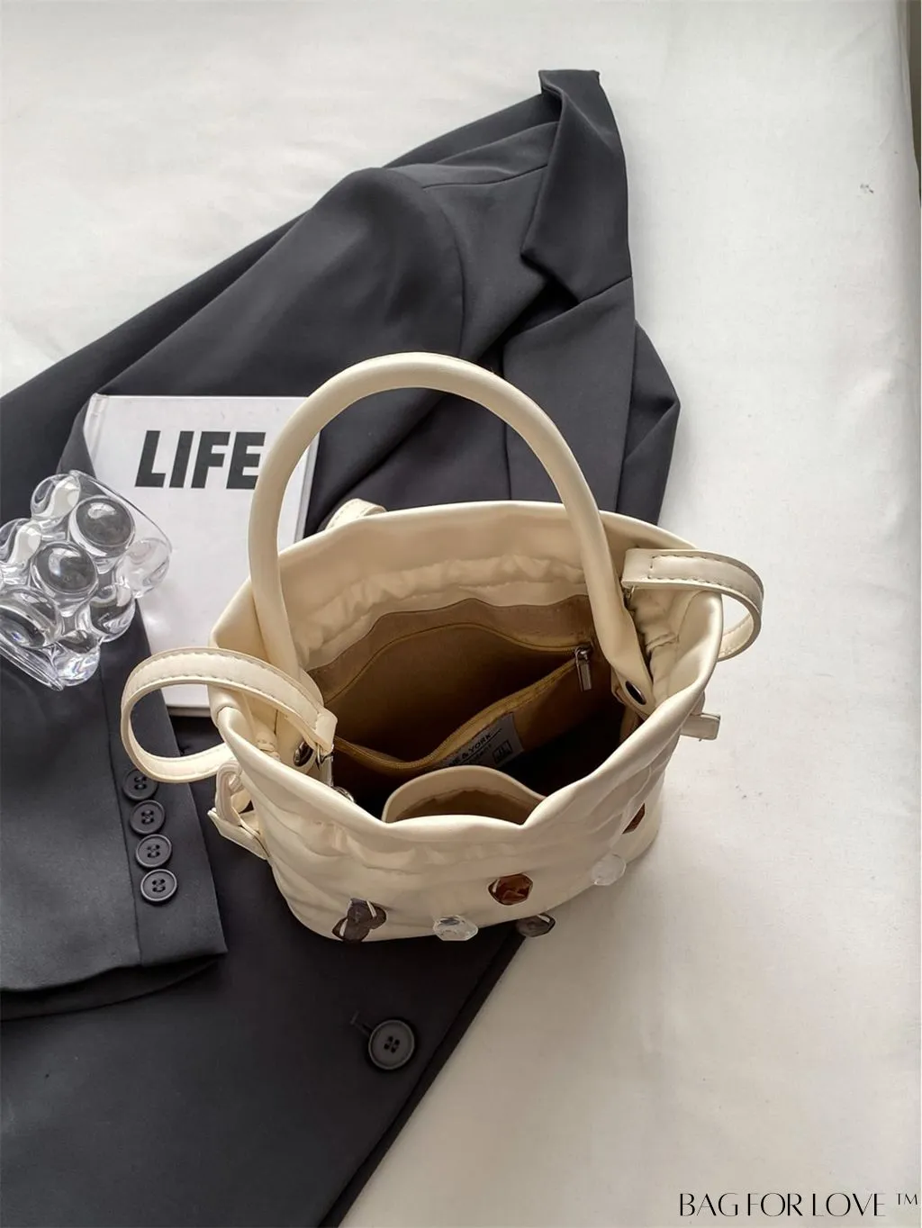 BagForLove - Compact Beige Handheld Shoulder Bag with Drawstring Closure - Stylish and Functional
