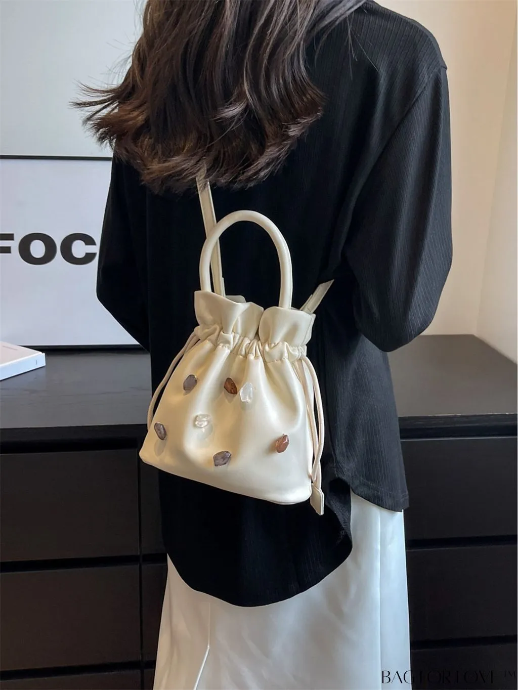 BagForLove - Compact Beige Handheld Shoulder Bag with Drawstring Closure - Stylish and Functional