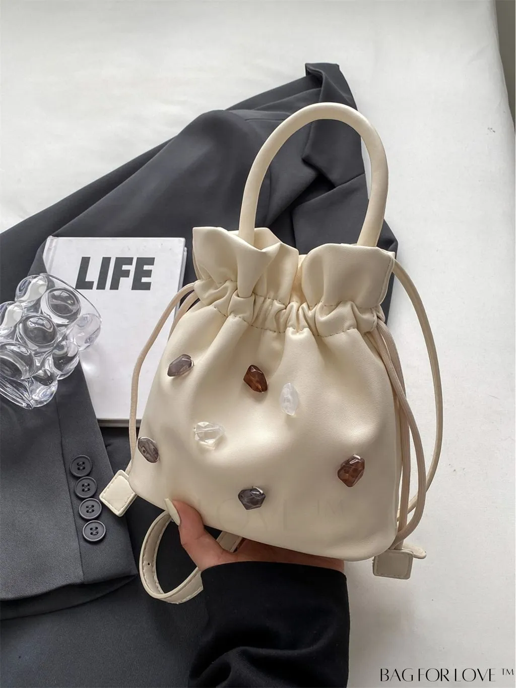 BagForLove - Compact Beige Handheld Shoulder Bag with Drawstring Closure - Stylish and Functional