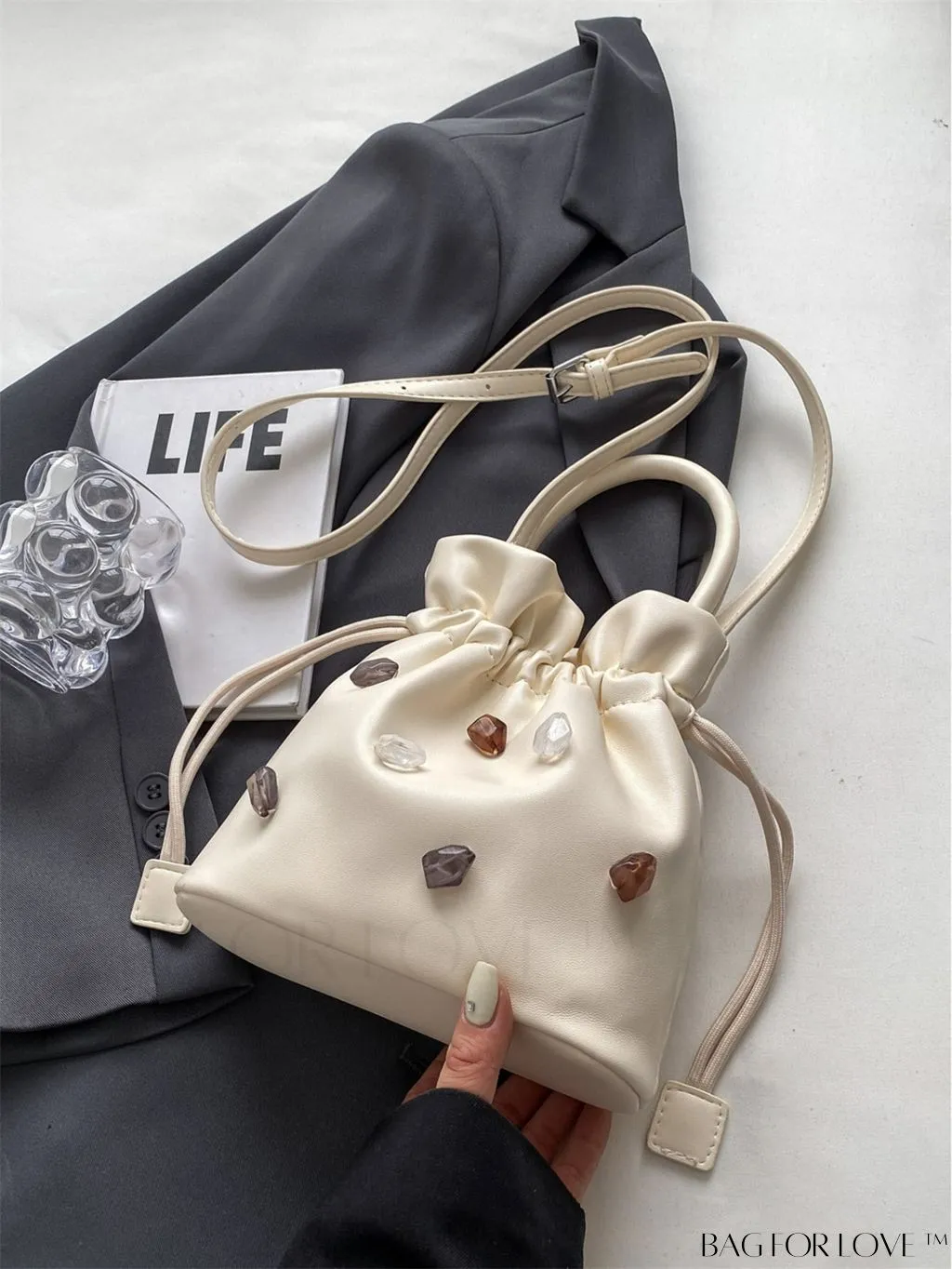 BagForLove - Compact Beige Handheld Shoulder Bag with Drawstring Closure - Stylish and Functional