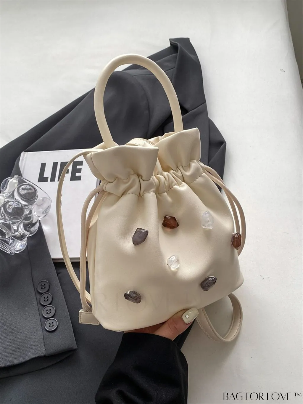 BagForLove - Compact Beige Handheld Shoulder Bag with Drawstring Closure - Stylish and Functional