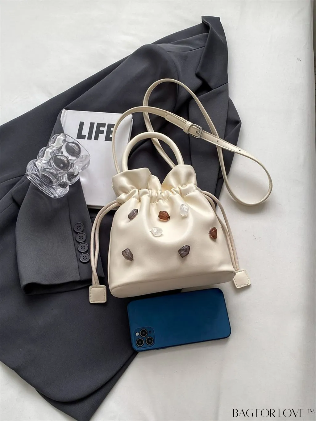 BagForLove - Compact Beige Handheld Shoulder Bag with Drawstring Closure - Stylish and Functional