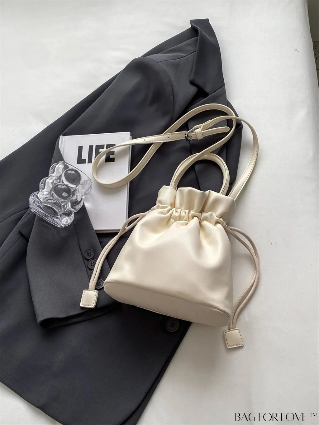 BagForLove - Compact Beige Handheld Shoulder Bag with Drawstring Closure - Stylish and Functional