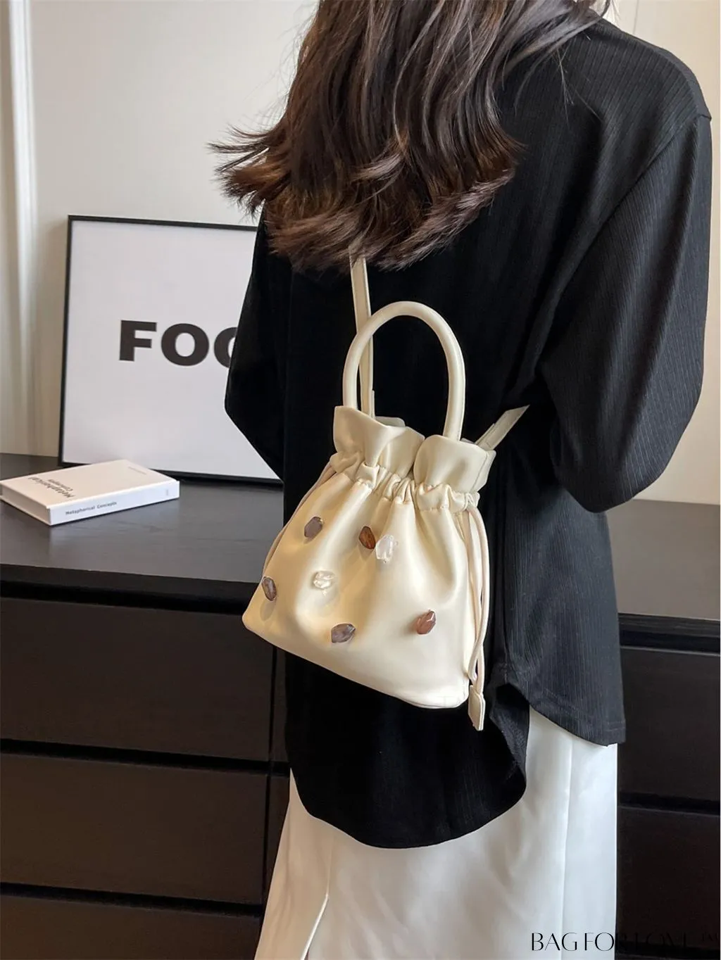 BagForLove - Compact Beige Handheld Shoulder Bag with Drawstring Closure - Stylish and Functional