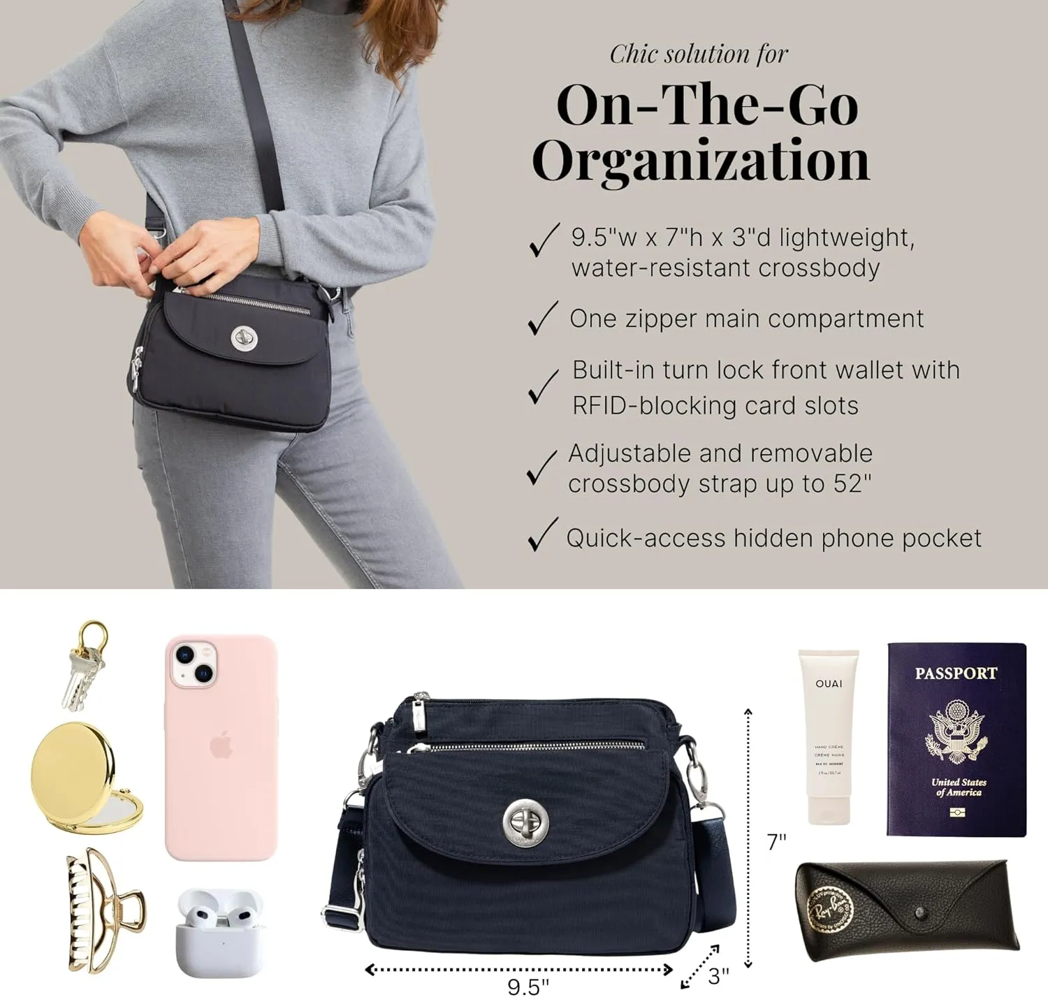 Baggallini Calais Crossbody Bags for Women 9.5"x7" Travel Handbag Purse w/RFID Front Wallet Lightweight Water-Resistant