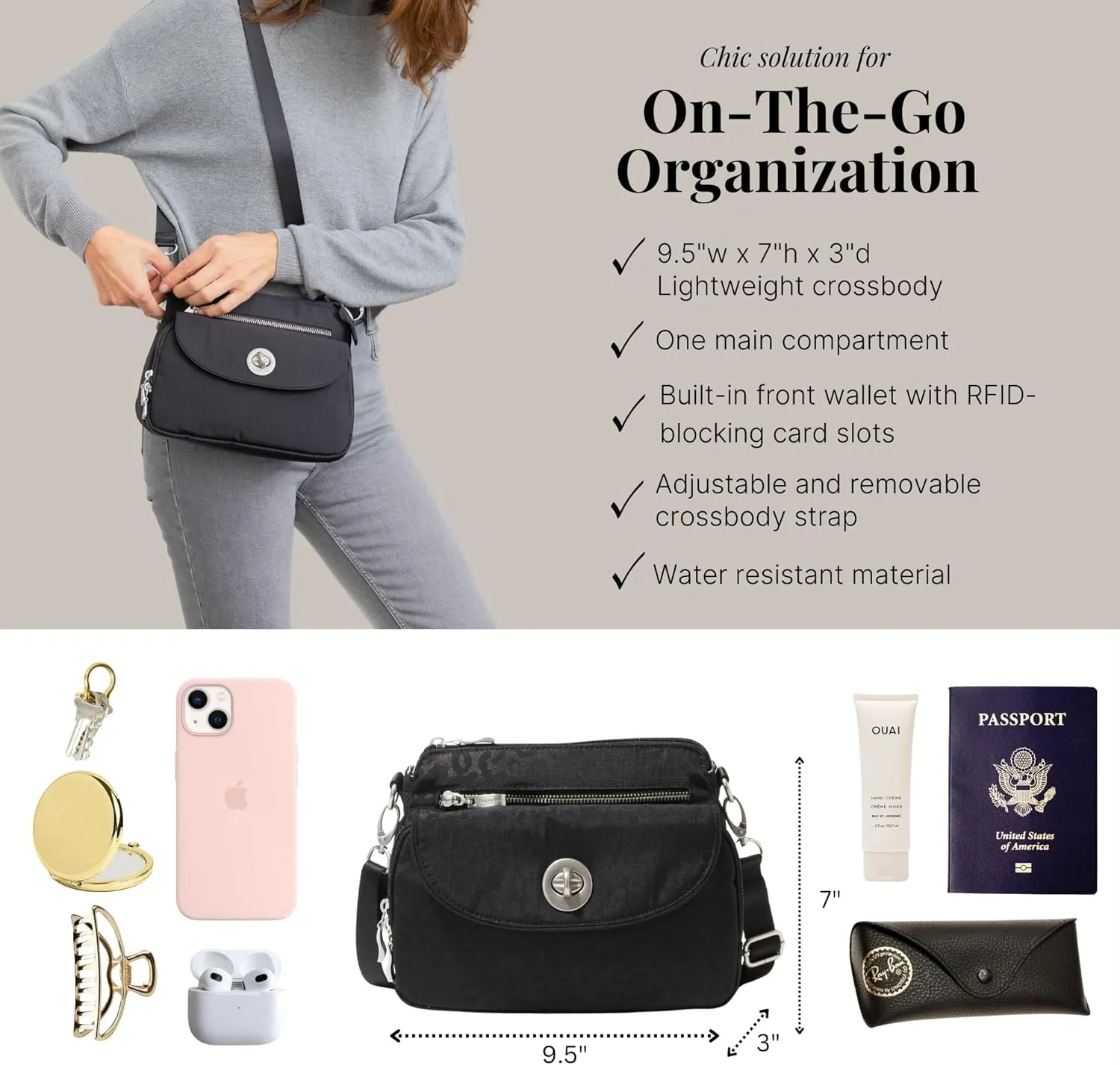 Baggallini Calais Crossbody Bags for Women 9.5"x7" Travel Handbag Purse w/RFID Front Wallet Lightweight Water-Resistant