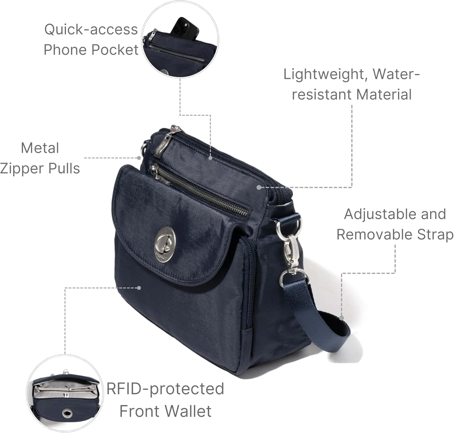 Baggallini Calais Crossbody Bags for Women 9.5"x7" Travel Handbag Purse w/RFID Front Wallet Lightweight Water-Resistant