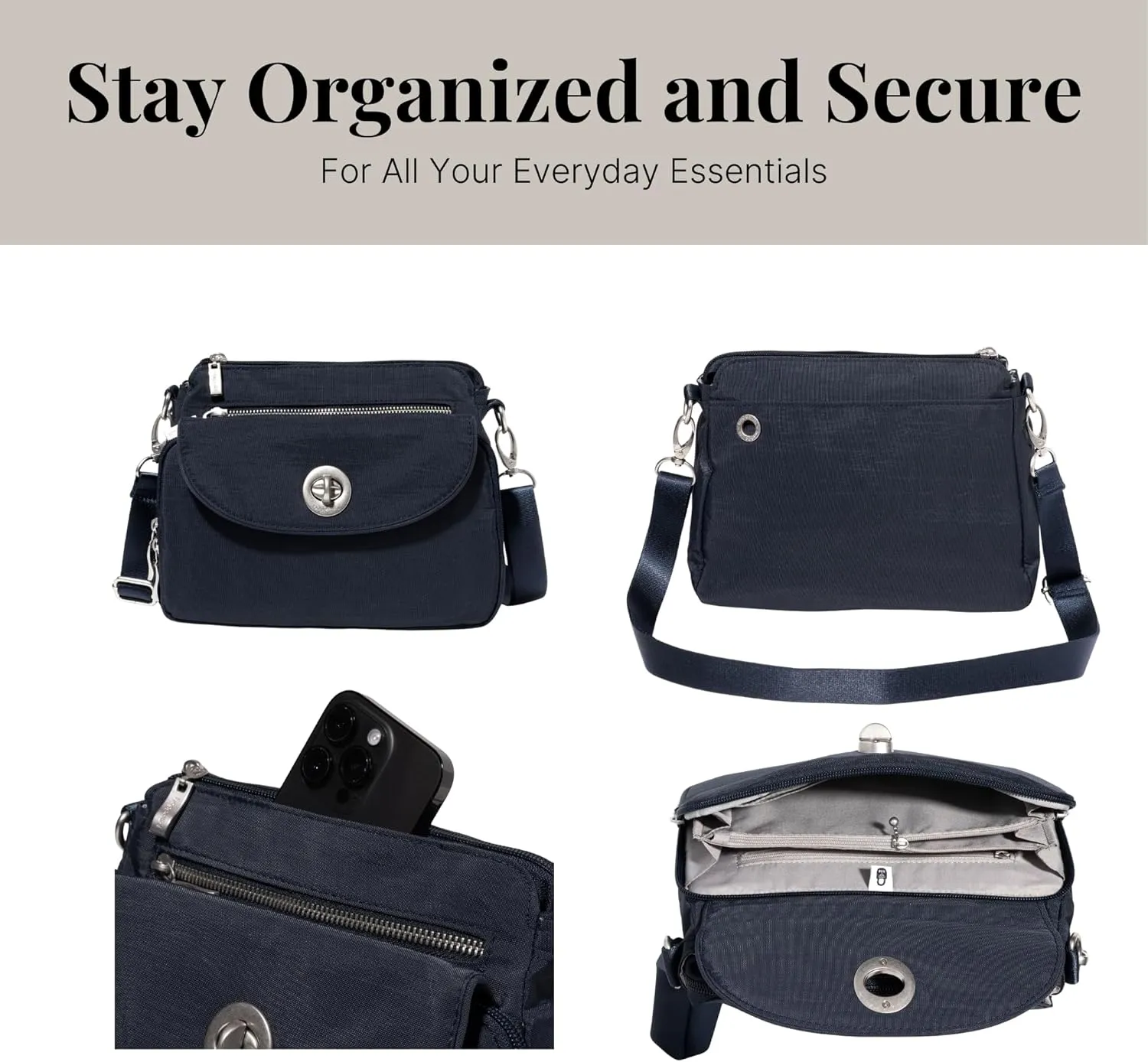 Baggallini Calais Crossbody Bags for Women 9.5"x7" Travel Handbag Purse w/RFID Front Wallet Lightweight Water-Resistant