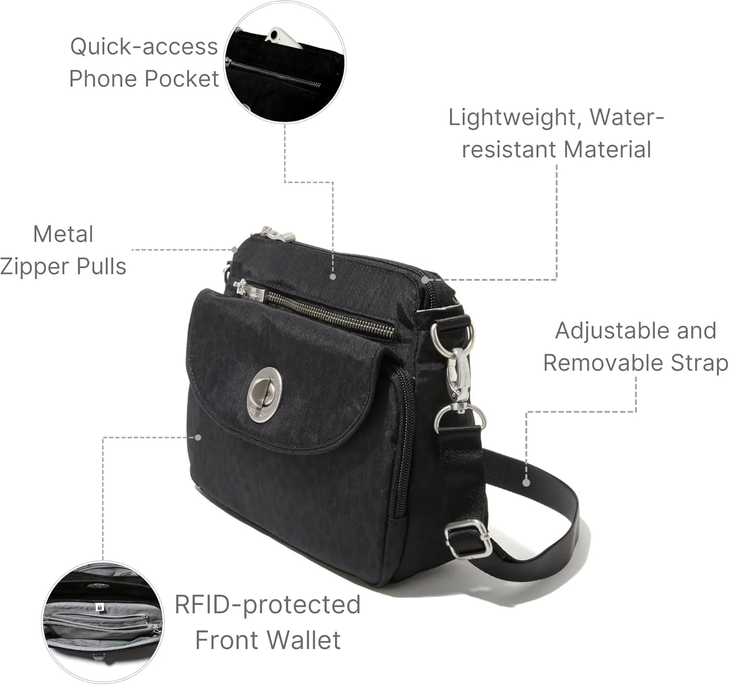 Baggallini Calais Crossbody Bags for Women 9.5"x7" Travel Handbag Purse w/RFID Front Wallet Lightweight Water-Resistant