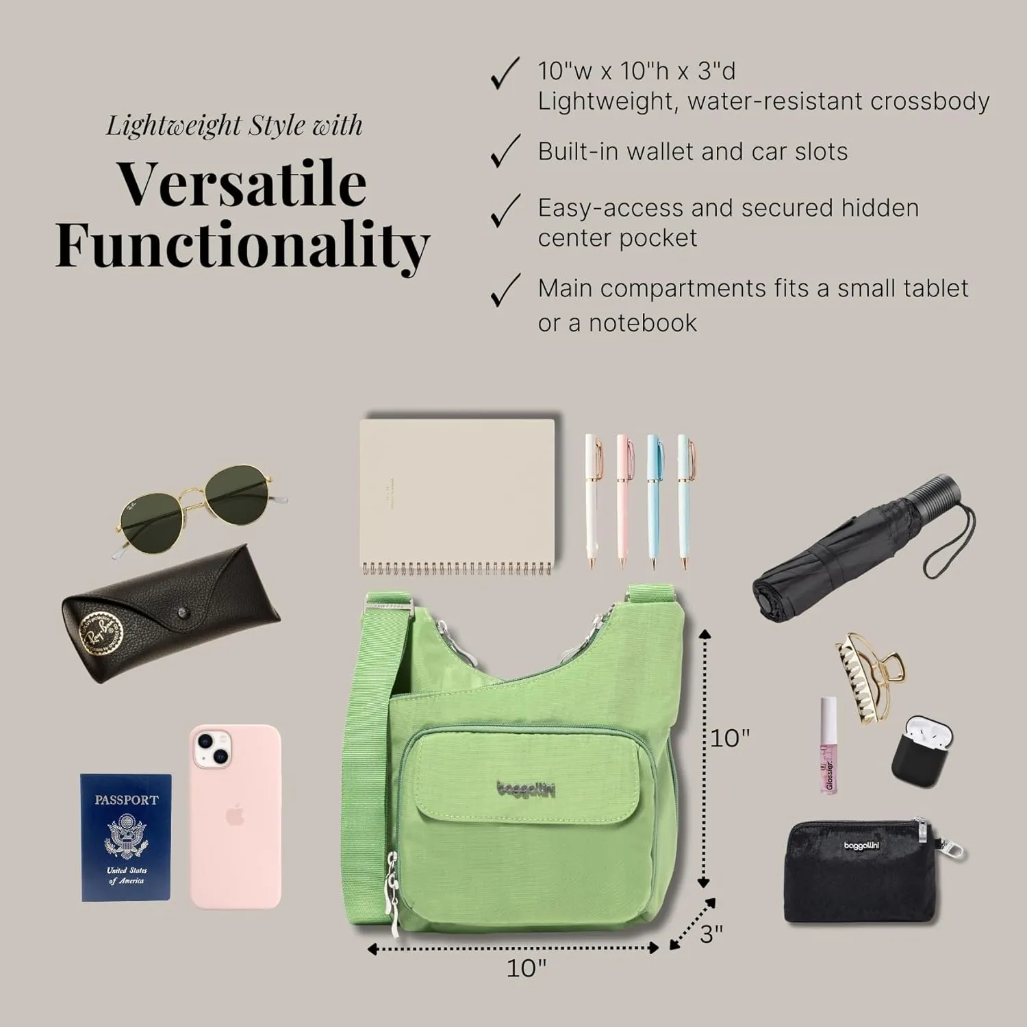 Baggallini Criss Cross 10x11 Crossbody Women Lightweight Water-Resistant Nylon Travel Bag W/RFID & Quick Access Pockets