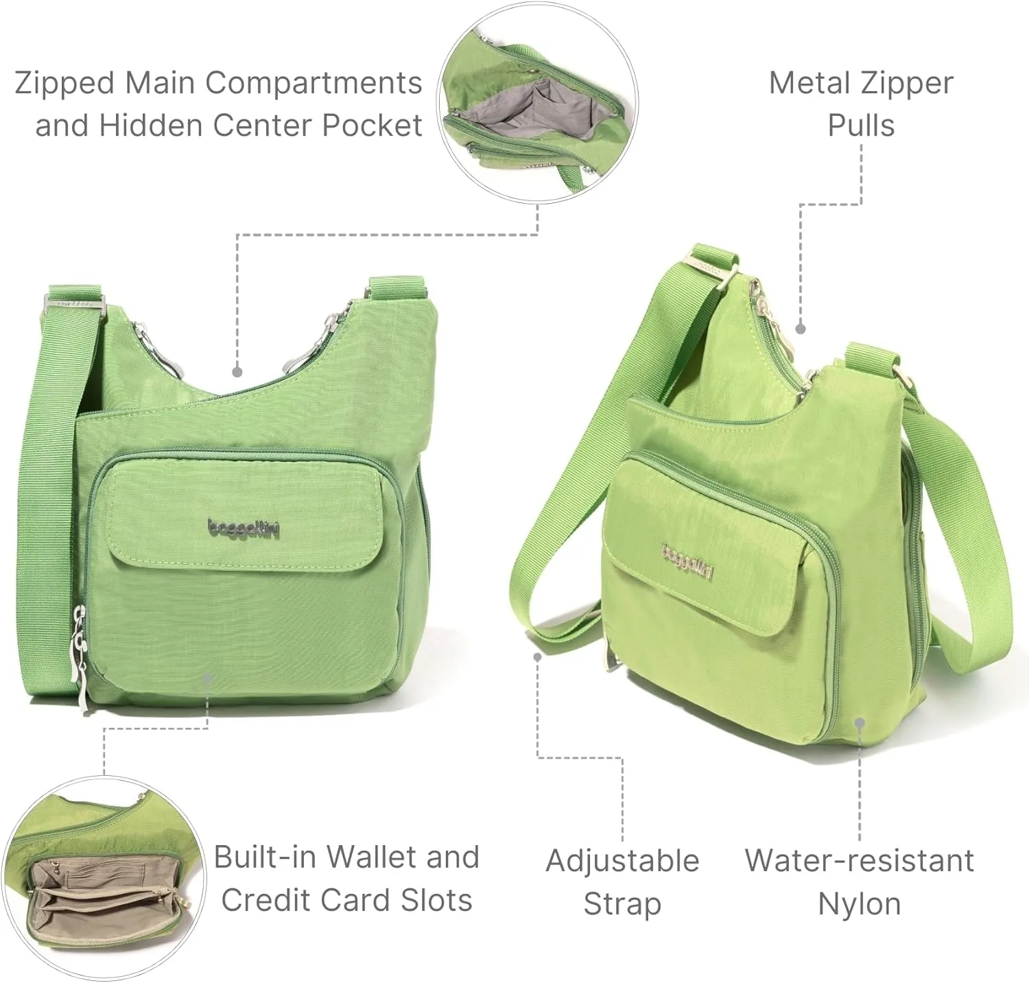 Baggallini Criss Cross 10x11 Crossbody Women Lightweight Water-Resistant Nylon Travel Bag W/RFID & Quick Access Pockets