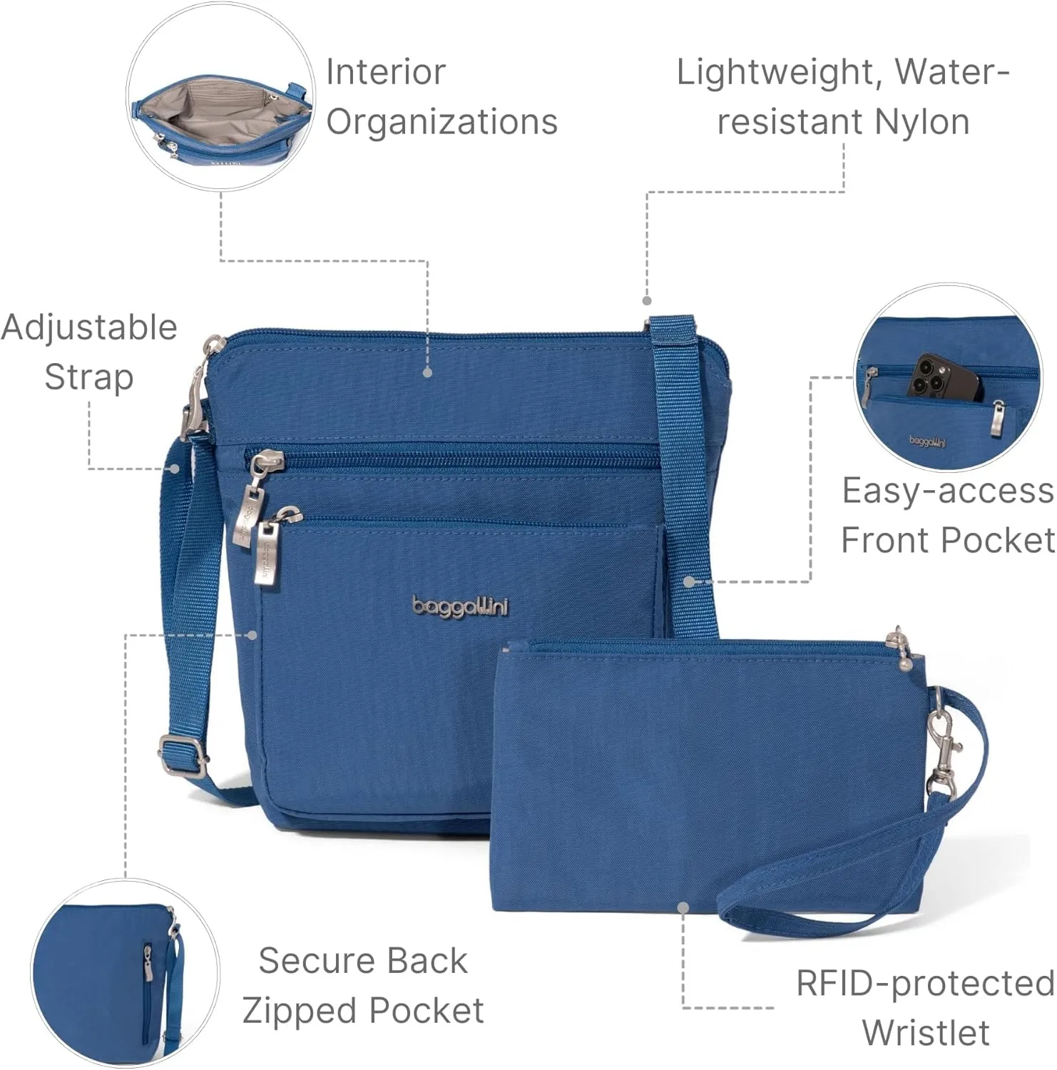 Baggallini Pocket Crossbody Bags for Women 8x8 Small Lightweight Durable Nylon Water-resistant Travel Purse W/Rfid Wristlet