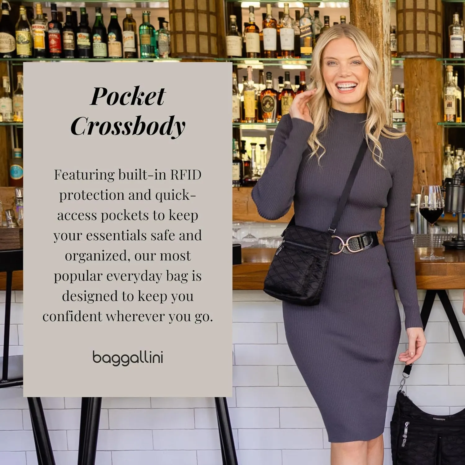 Baggallini Pocket Crossbody Bags for Women 8x8 Small Lightweight Durable Nylon Water-resistant Travel Purse W/Rfid Wristlet