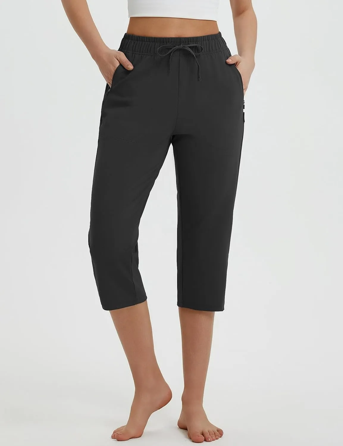 baleaf Womens Yoga Capri Pants with Zipper Pockets Summer Drawstring Capris Joggers Lounge Crop 19"