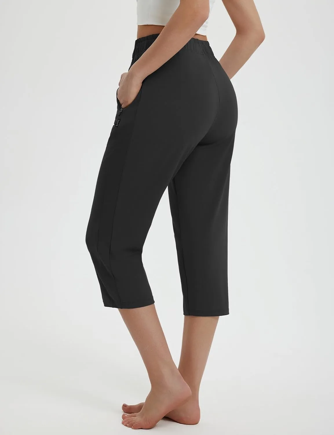 baleaf Womens Yoga Capri Pants with Zipper Pockets Summer Drawstring Capris Joggers Lounge Crop 19"