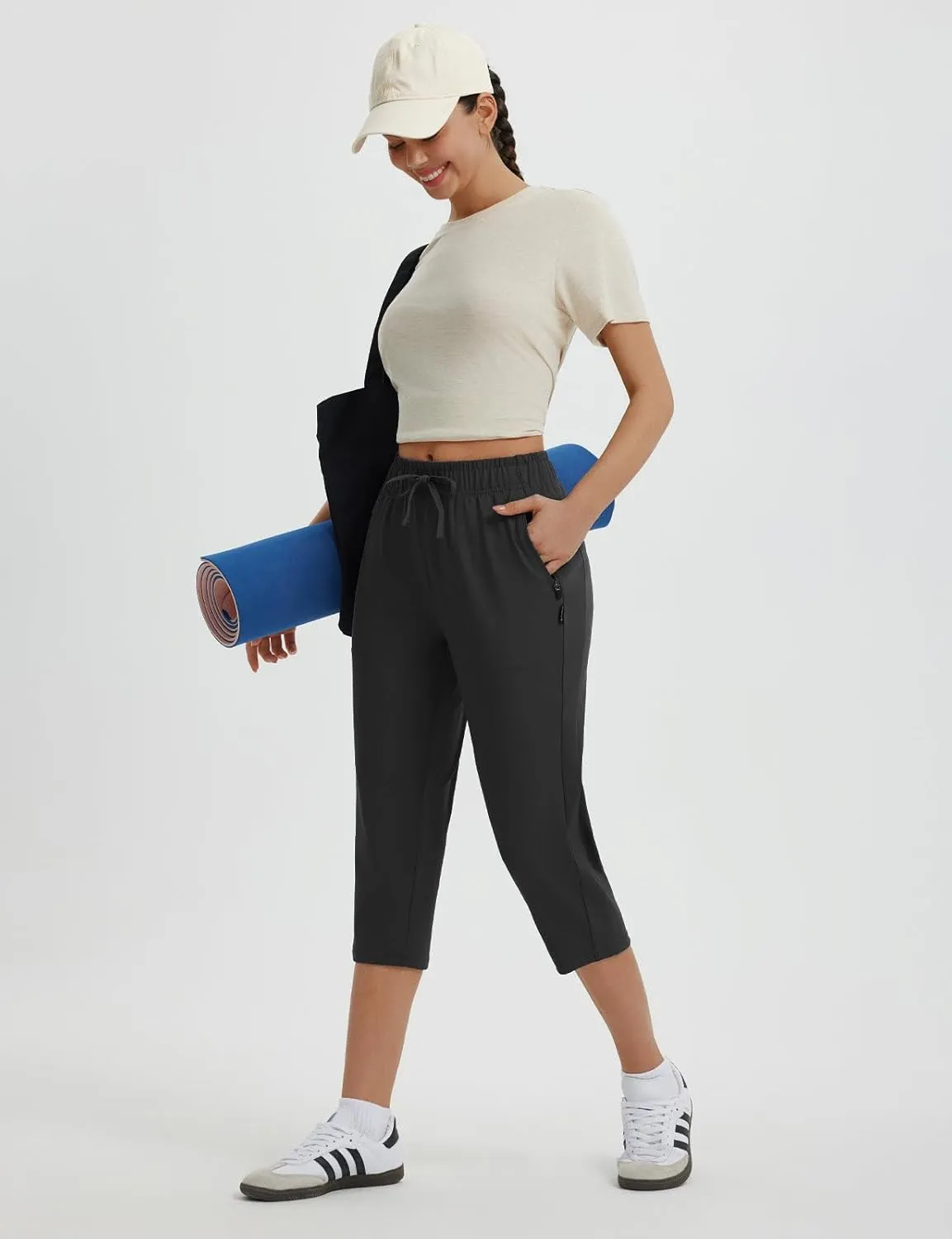 baleaf Womens Yoga Capri Pants with Zipper Pockets Summer Drawstring Capris Joggers Lounge Crop 19"