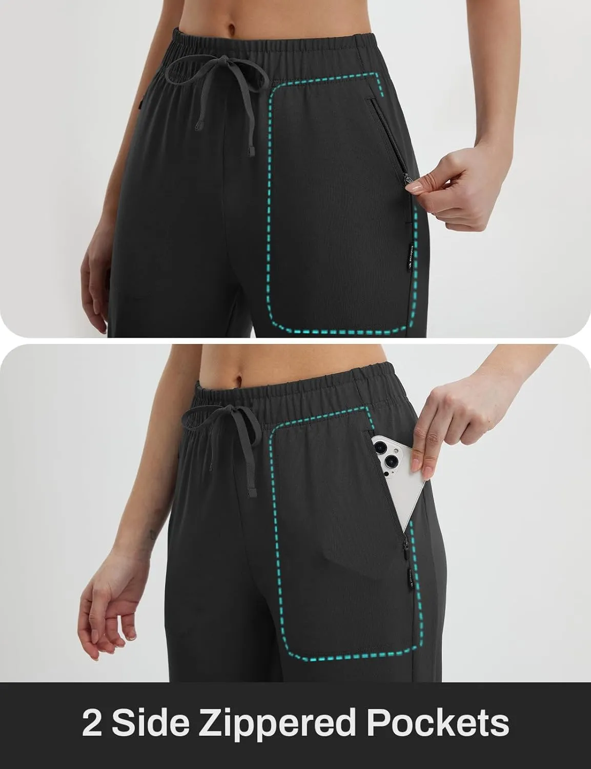 baleaf Womens Yoga Capri Pants with Zipper Pockets Summer Drawstring Capris Joggers Lounge Crop 19"