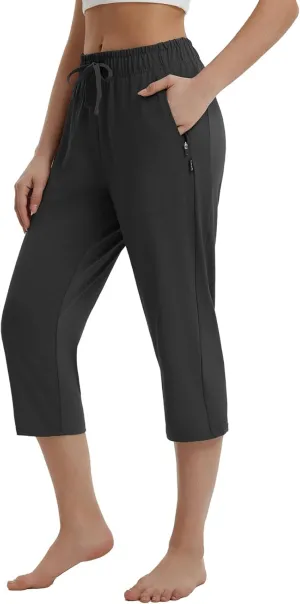 baleaf Womens Yoga Capri Pants with Zipper Pockets Summer Drawstring Capris Joggers Lounge Crop 19"