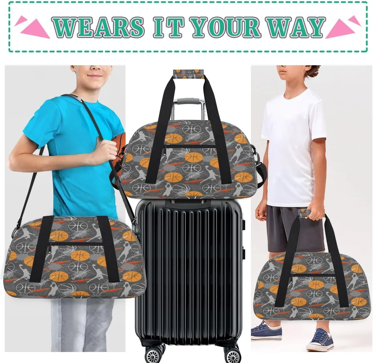 Ball Sports Kids Overnighter Duffel Bags for Boys, Carry-On Size Sports Gym Bag with Front Zipper Pocket for School Practice or Overnight Travel Weekender Sleepover Tote Bag