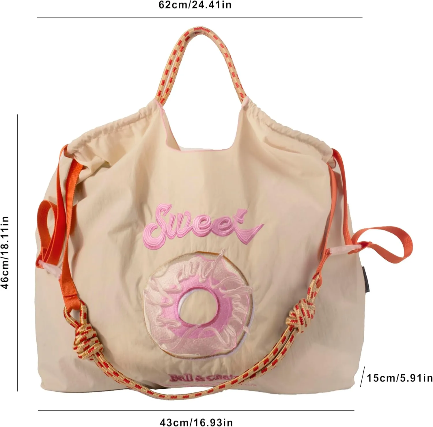 Ball&Chain Embroidered Doughnut Pattern Tote Bag，Women's Leisure Shopping Bag, 15x16 inches