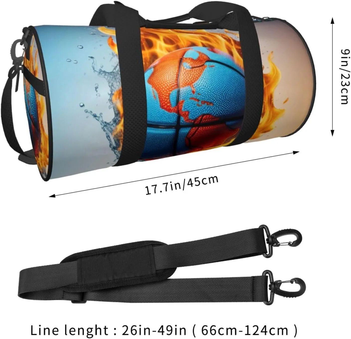 Basketball on Fire and Water Flame Splashing Printed Travel Bag,Round Personal Item Storage bag,Foldie Duffel Bag for Traveling Vacation,Fitness,Sports