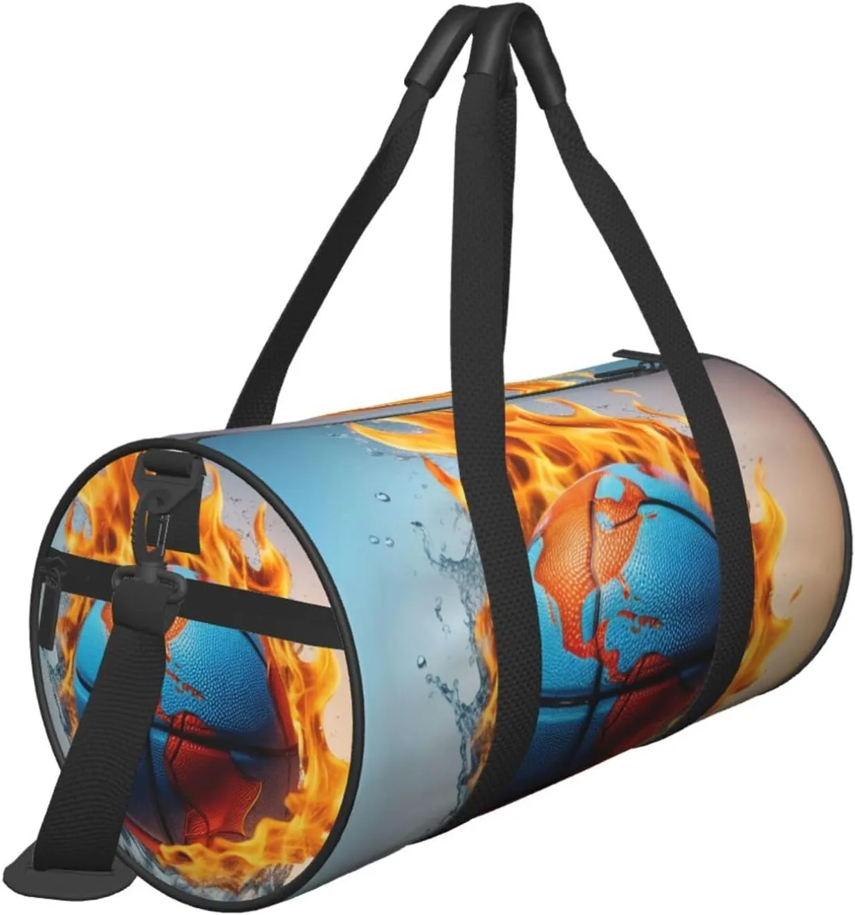 Basketball on Fire and Water Flame Splashing Printed Travel Bag,Round Personal Item Storage bag,Foldie Duffel Bag for Traveling Vacation,Fitness,Sports