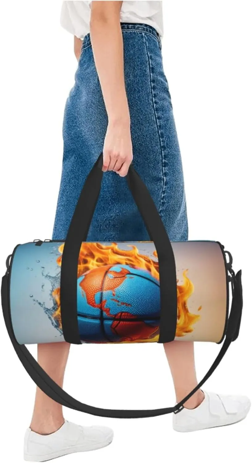 Basketball on Fire and Water Flame Splashing Printed Travel Bag,Round Personal Item Storage bag,Foldie Duffel Bag for Traveling Vacation,Fitness,Sports