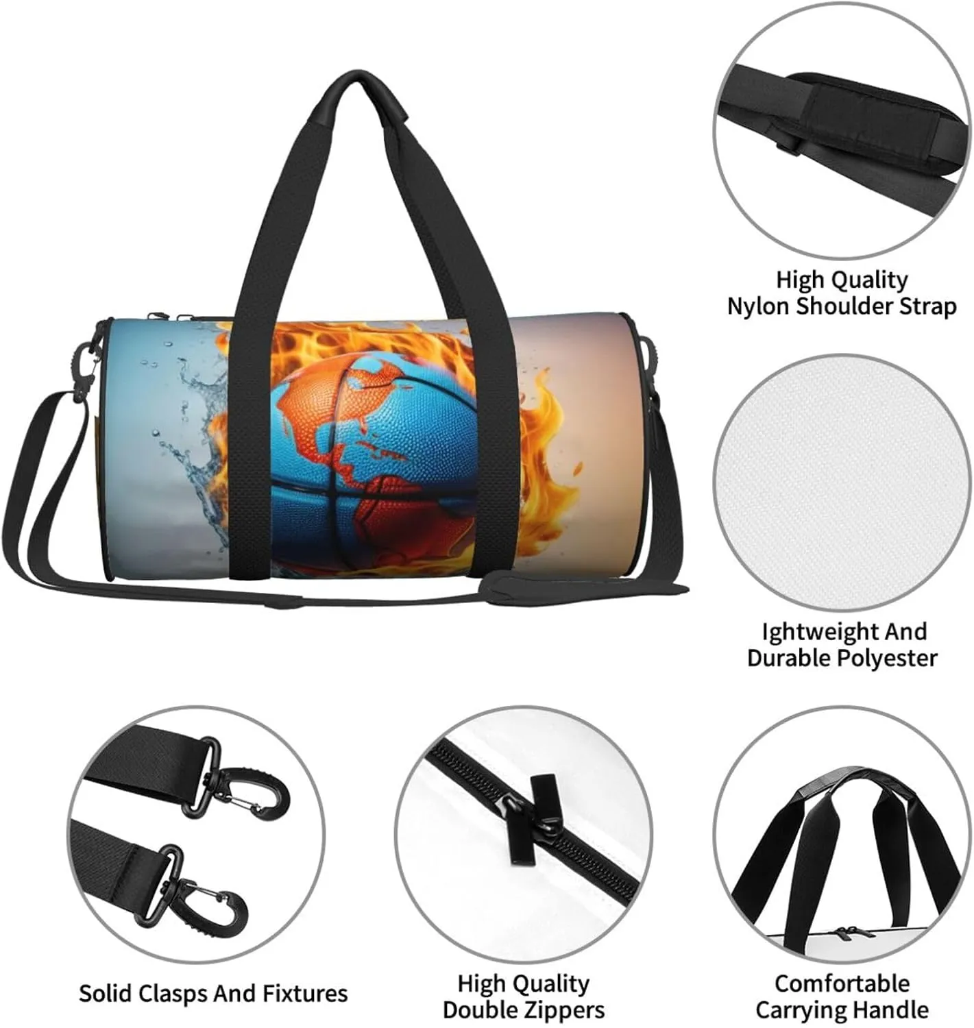 Basketball on Fire and Water Flame Splashing Printed Travel Bag,Round Personal Item Storage bag,Foldie Duffel Bag for Traveling Vacation,Fitness,Sports