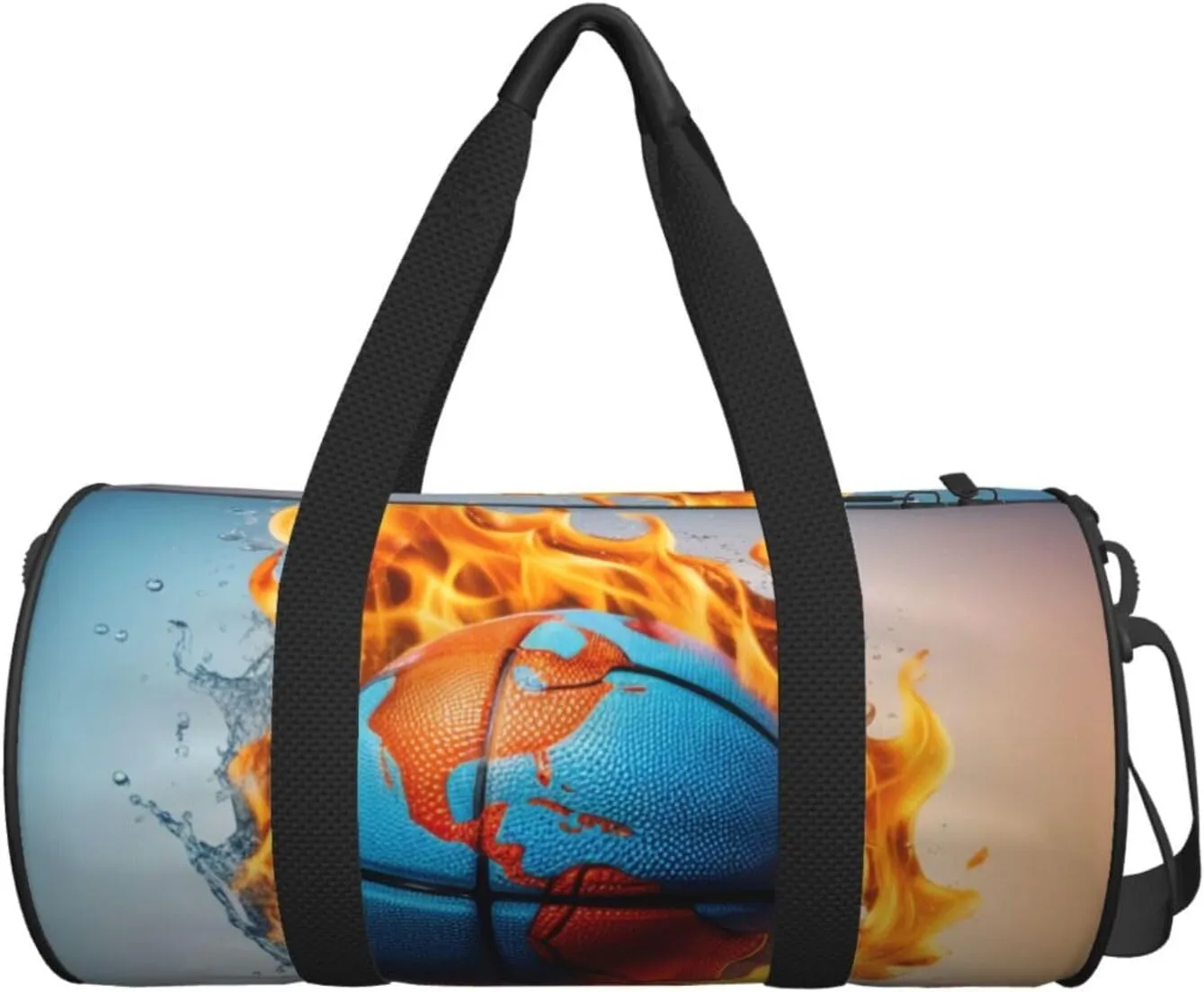 Basketball on Fire and Water Flame Splashing Printed Travel Bag,Round Personal Item Storage bag,Foldie Duffel Bag for Traveling Vacation,Fitness,Sports