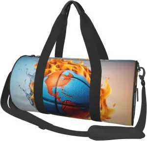 Basketball on Fire and Water Flame Splashing Printed Travel Bag,Round Personal Item Storage bag,Foldie Duffel Bag for Traveling Vacation,Fitness,Sports