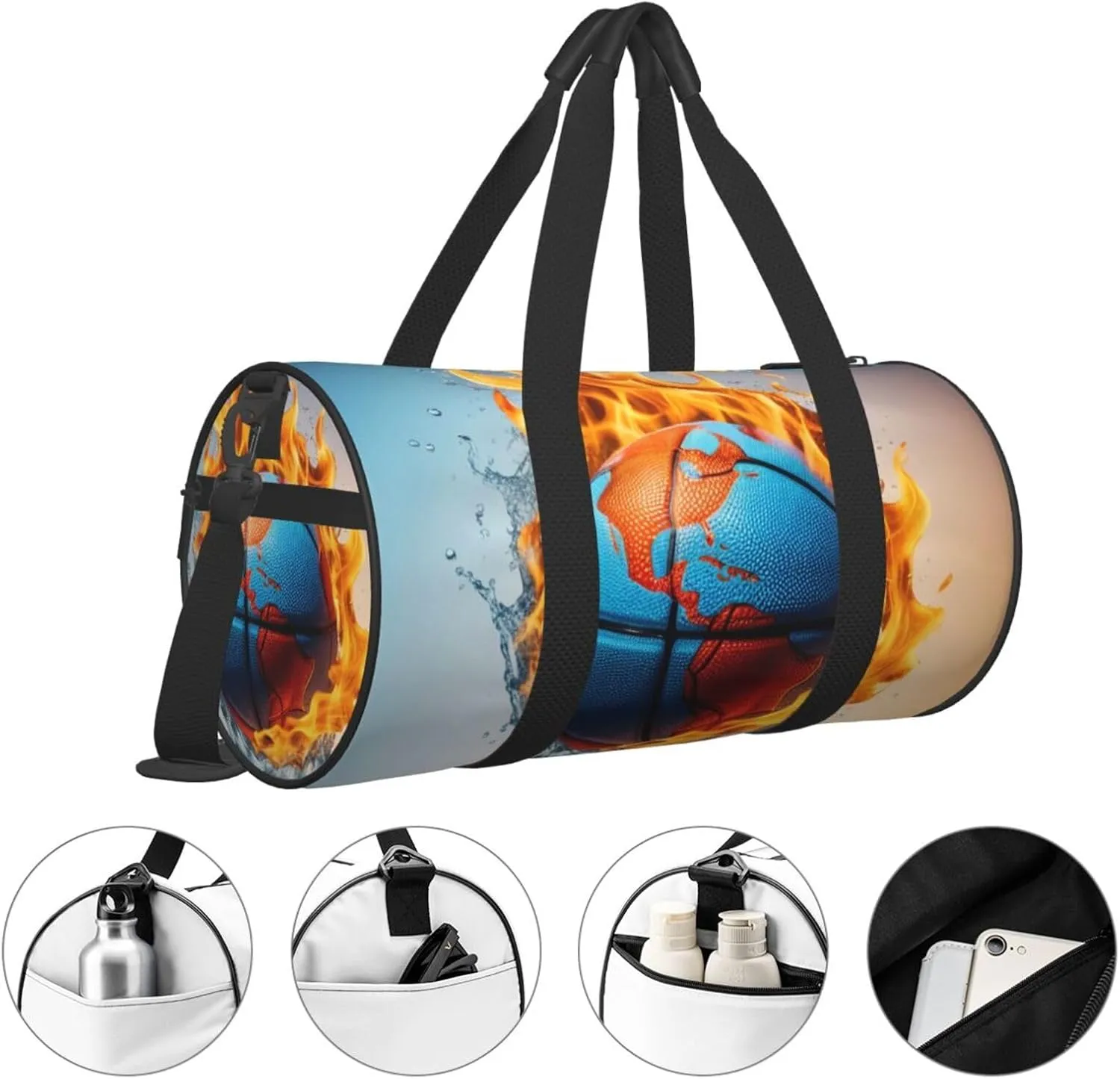 Basketball on Fire and Water Flame Splashing Printed Travel Bag,Round Personal Item Storage bag,Foldie Duffel Bag for Traveling Vacation,Fitness,Sports