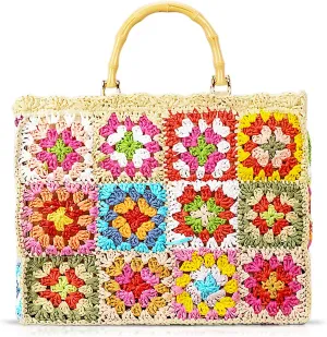 Beach Bag for Women, Multicolored Plaid Straw Bag, Bohemia Handwoven Handbag, Tote Bag Suitable for Travel Vacation Work Daily Matching(Color)