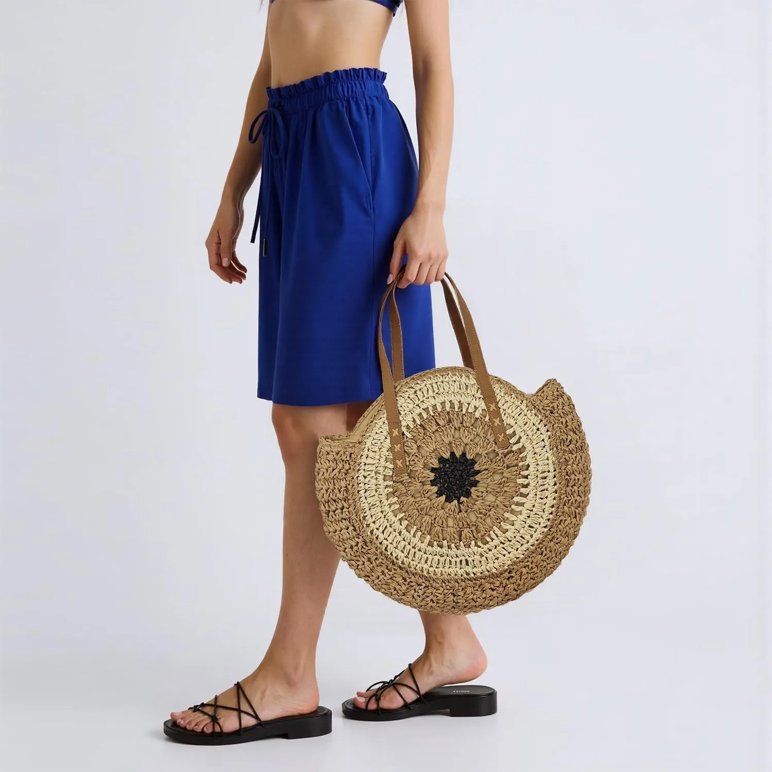 Beach Bags for Women Vacation Large Handcrafted Woven Straw Tote with Zipper Summer Shoulder Boho Crochet