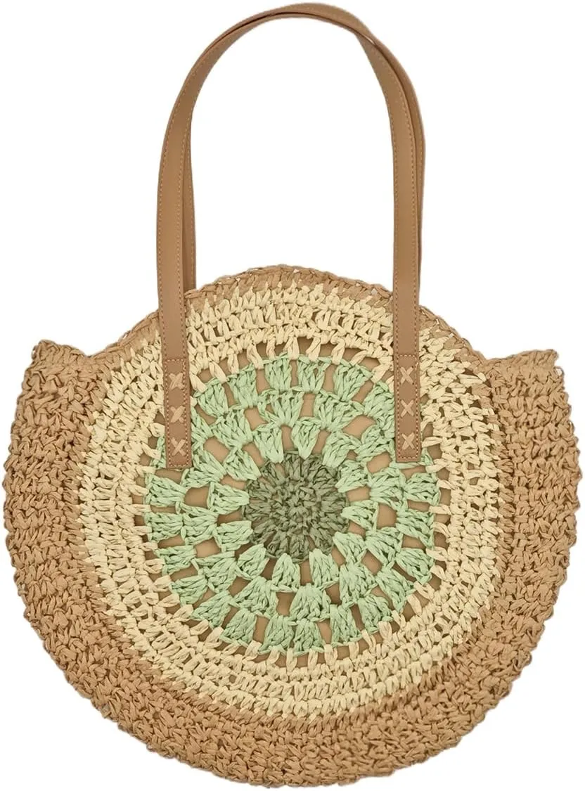 Beach Bags for Women Vacation Large Handcrafted Woven Straw Tote with Zipper Summer Shoulder Boho Crochet