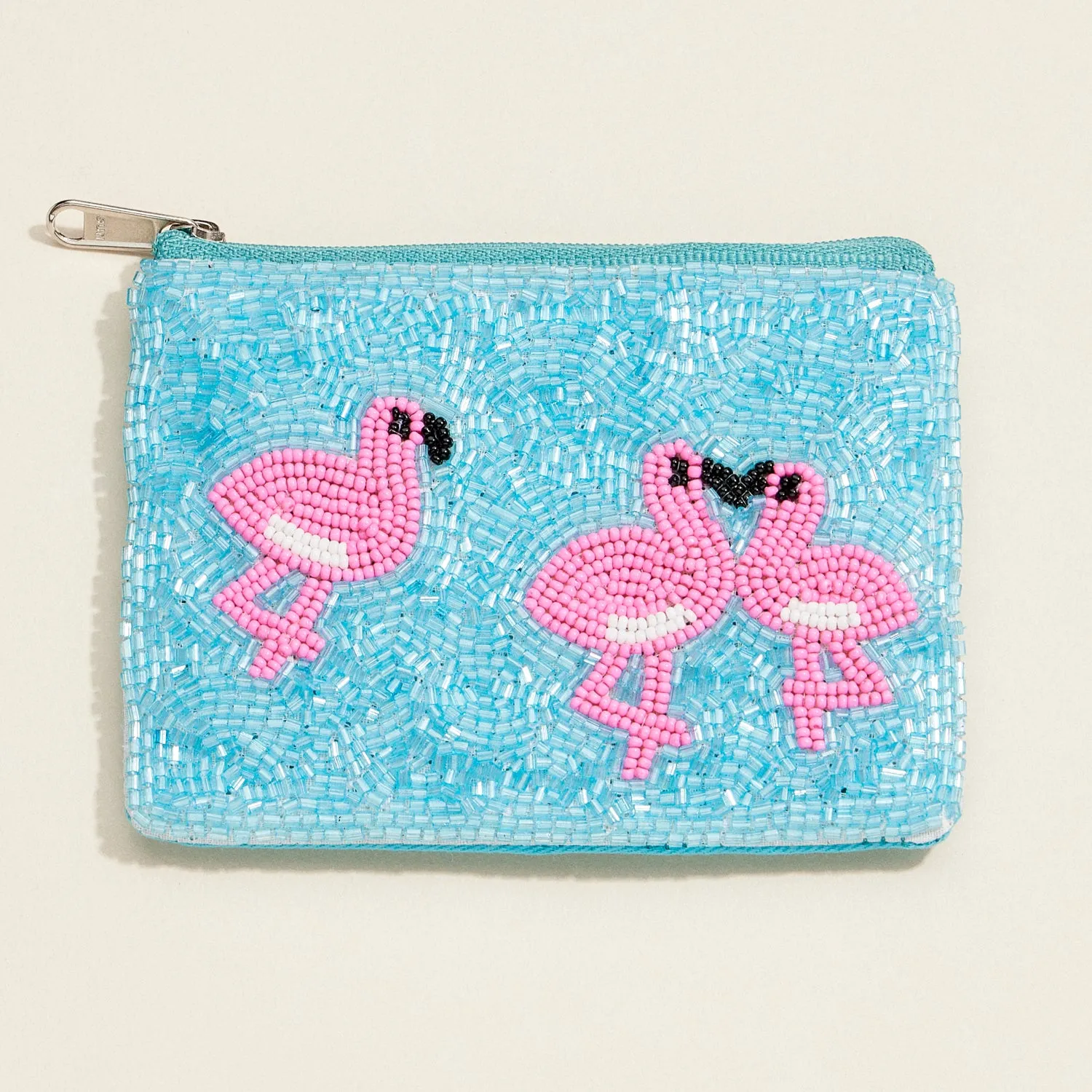 Beaded Flamingo Clutch – Blue Sequin Zip Pouch, Tropical Pink Flamingo Purse