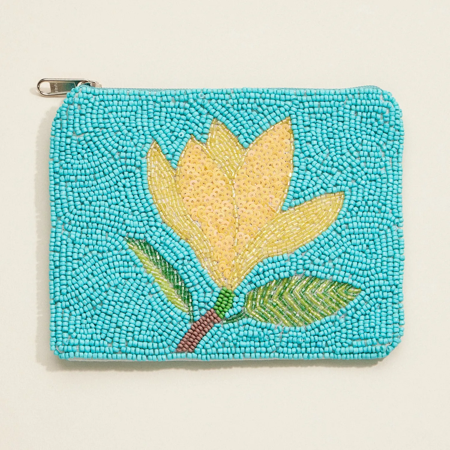 Beaded Floral Coin Purse – Turquoise Zip Pouch with Yellow Flower Design for Travel & Everyday Use