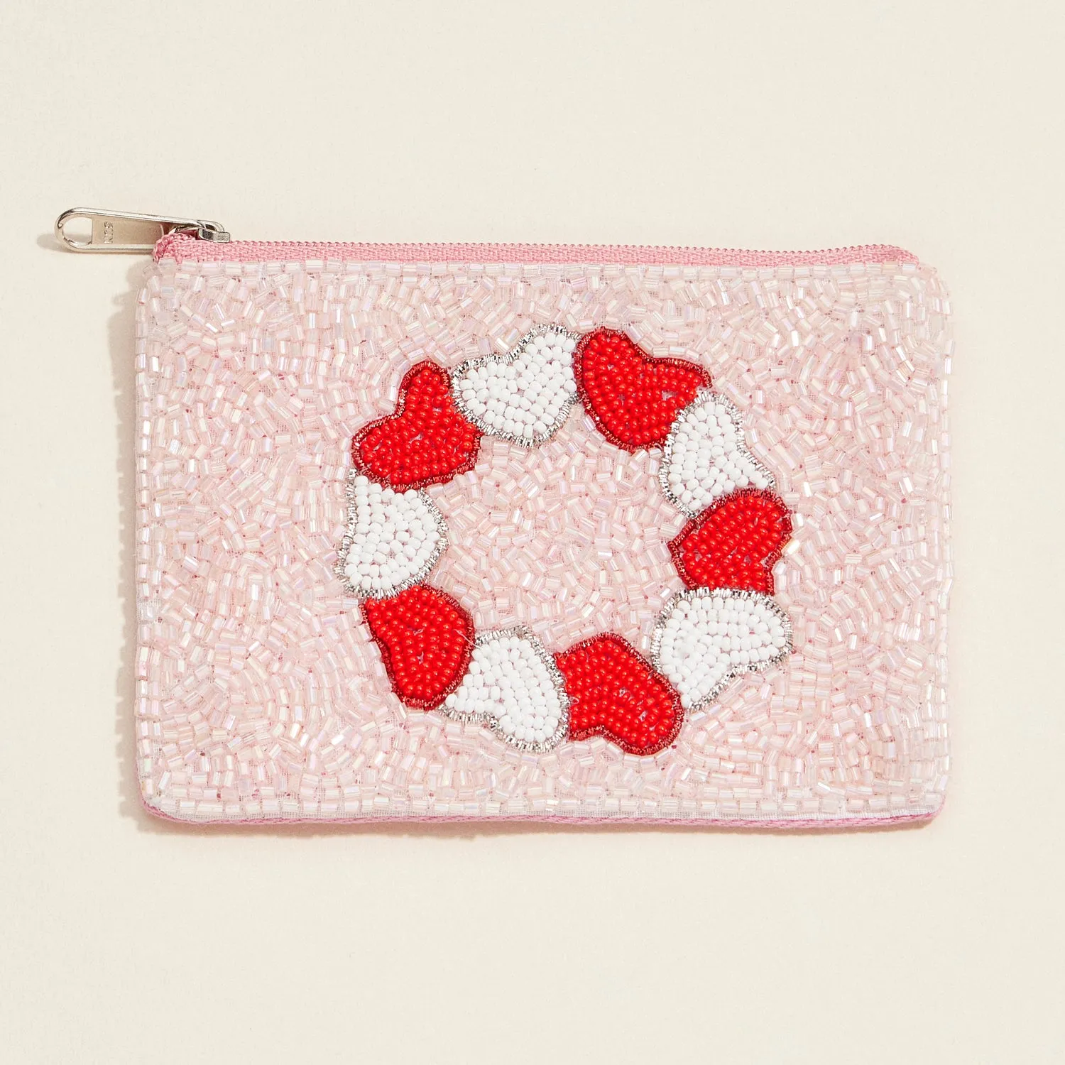 Beaded Heart Wreath Clutch – Pink Sequin Zip Pouch, Chic Romantic Purse