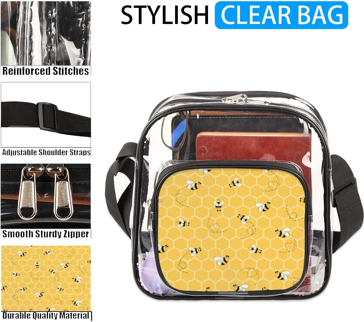 Bee With Honey Clear Crossbody Bag Clear Messenger Bag Shoulder Bags Clear Purse Stadium Approved