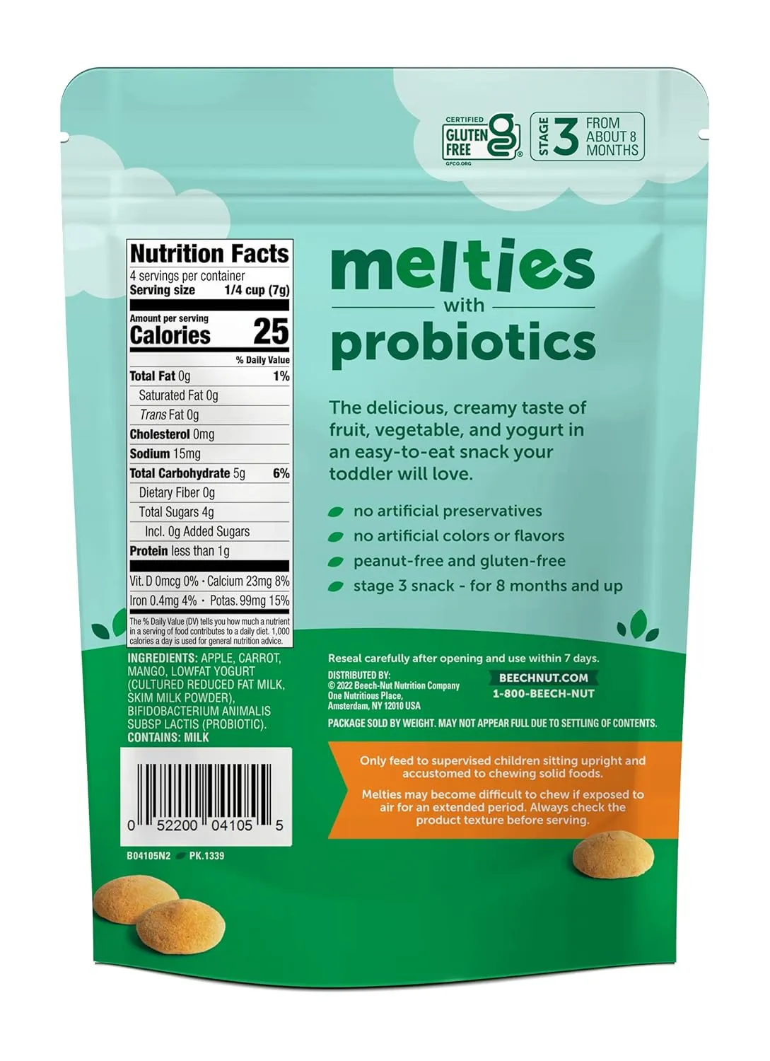 Beech-Nut Probiotic Melties Baby & Toddler Snack Melts, Apple Carrot Mango Yogurt, 1 oz (7 Pack)