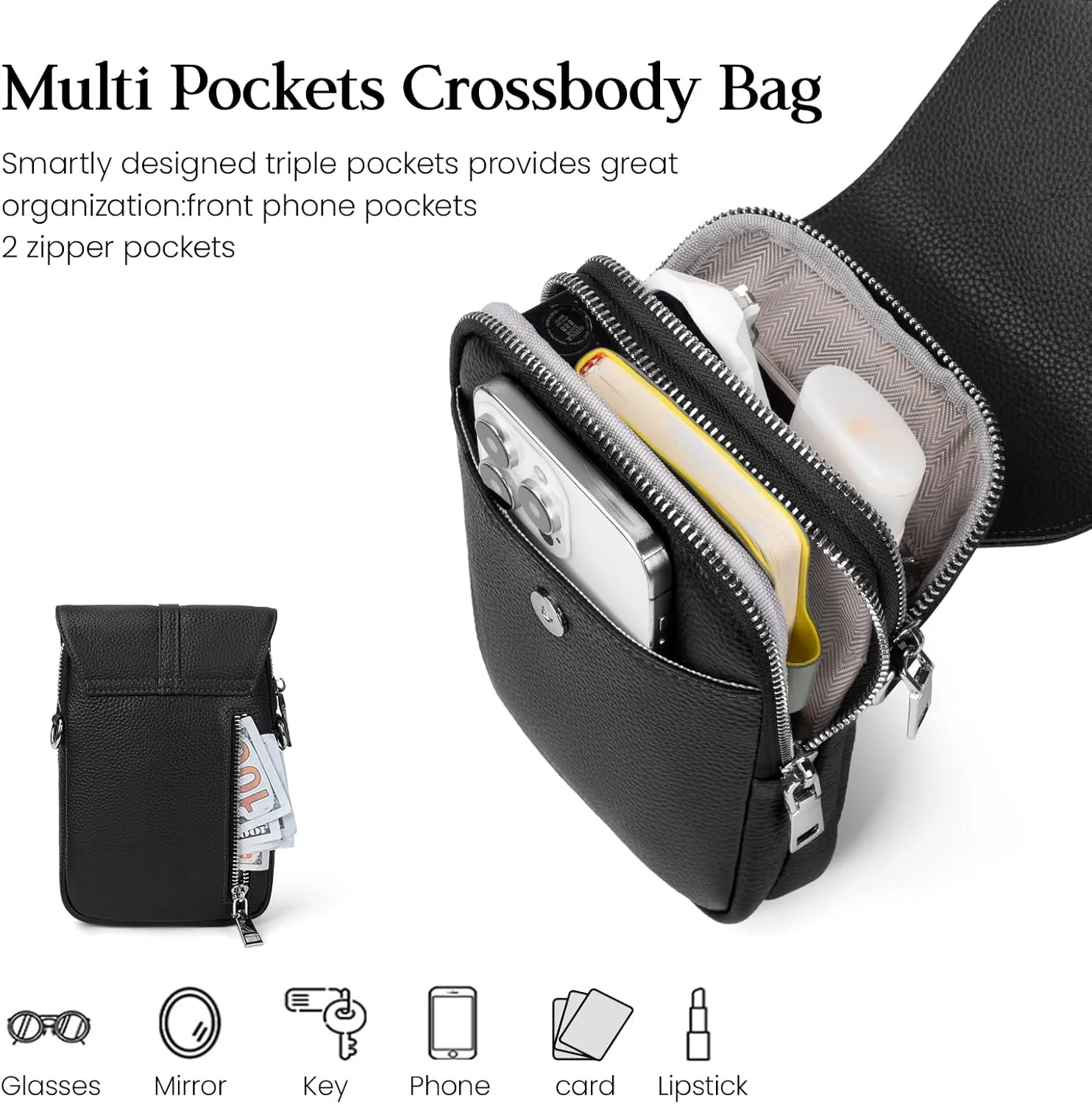 befen Genuine Leather Small Crossbody Bags for Women, Multi Pocket Cell Phone Crossbody Purse with RFID Blocking Card Slots