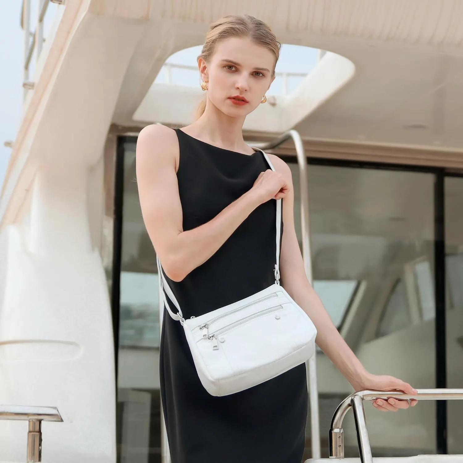 befen Genuine Leather Small Crossbody Bags Purses for Women Pocketbooks Shoulder Bag Satchel Purse with Multi Zipper Pockets