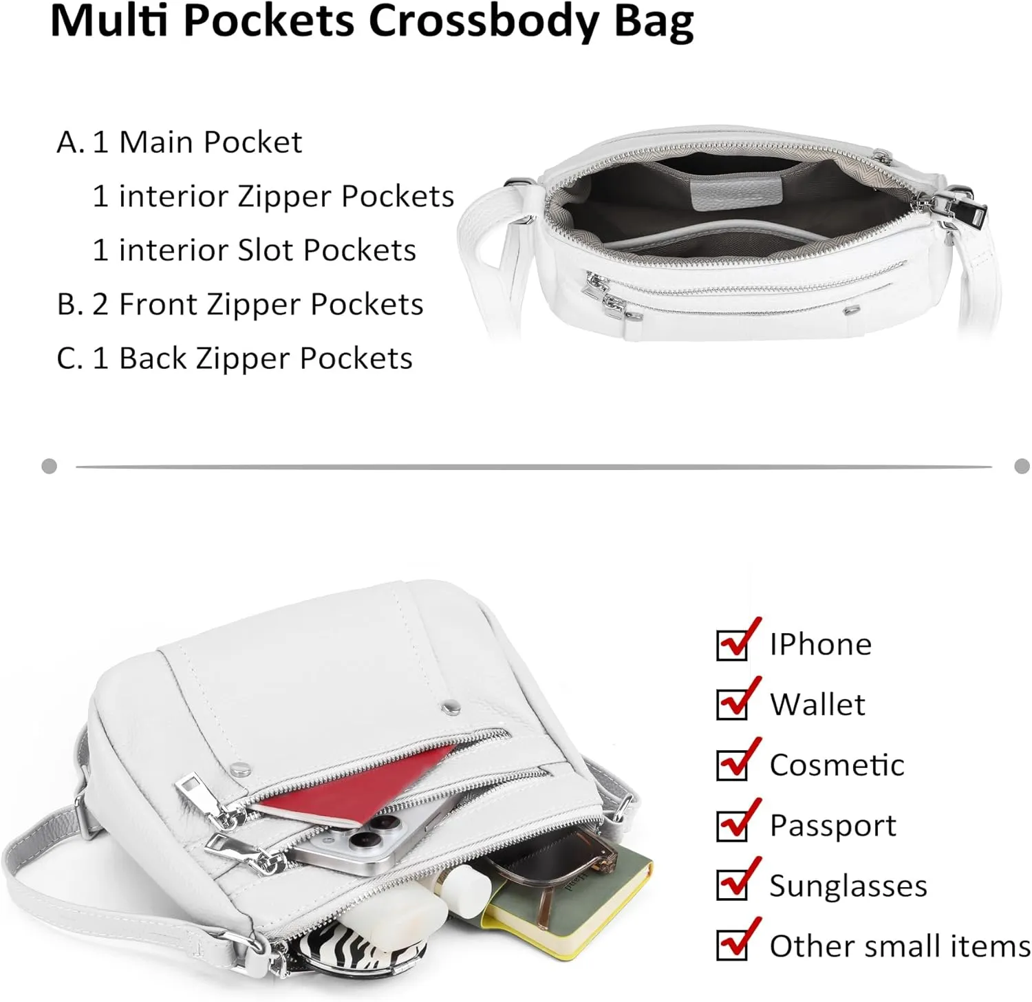 befen Genuine Leather Small Crossbody Bags Purses for Women Pocketbooks Shoulder Bag Satchel Purse with Multi Zipper Pockets