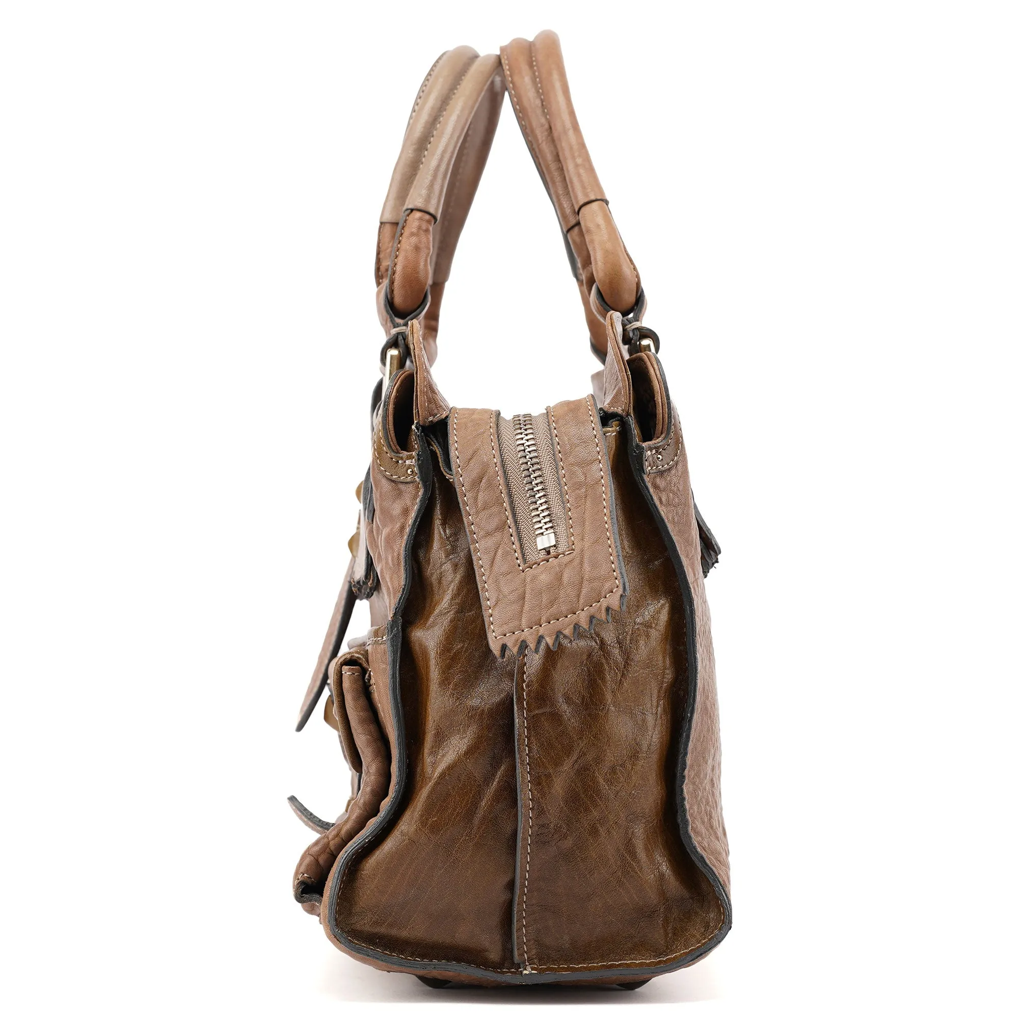 Beige Studded Leather Tote Bag