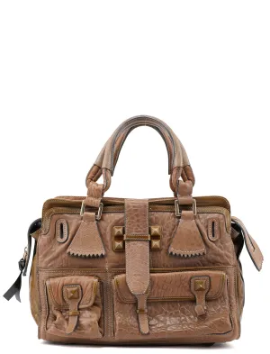 Beige Studded Leather Tote Bag