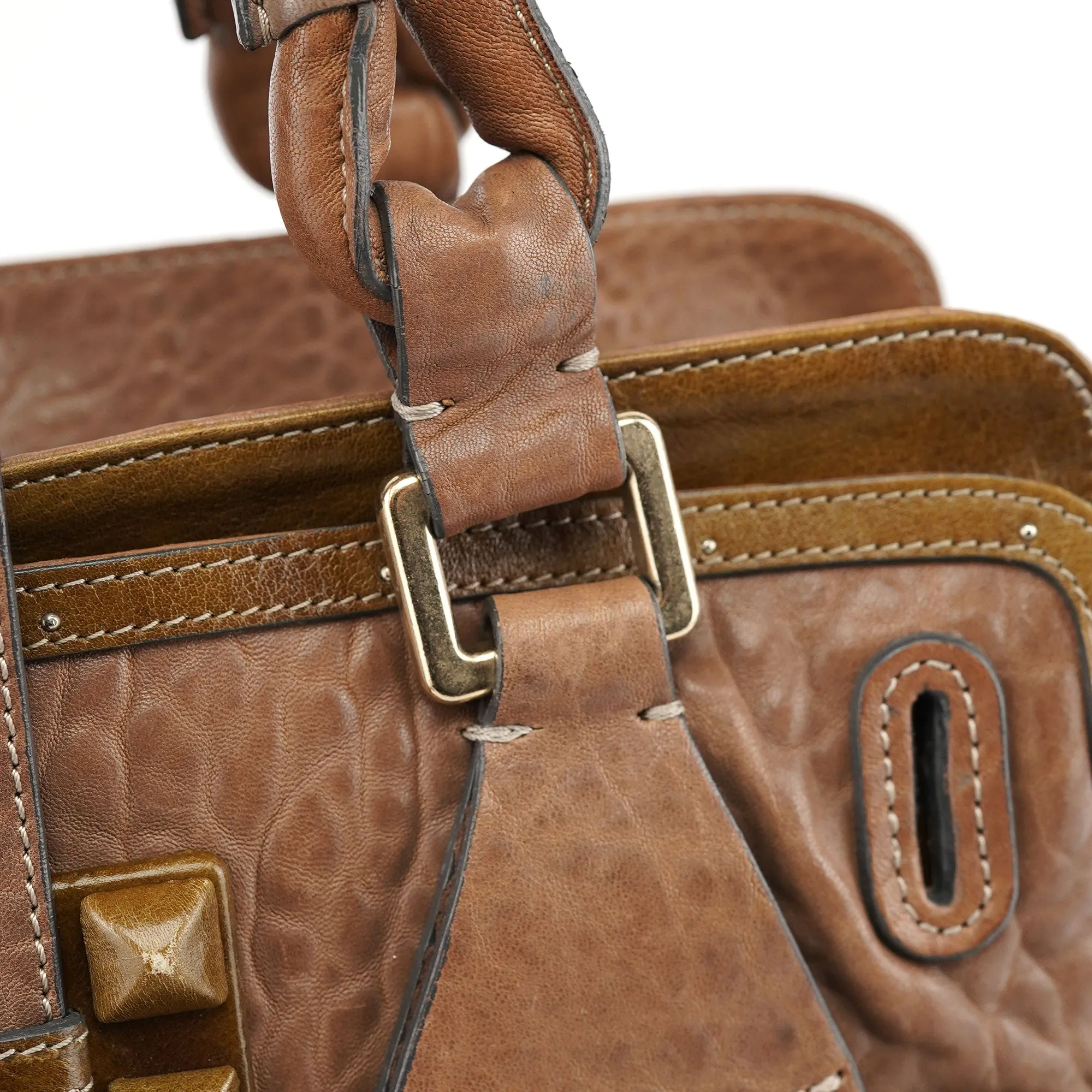 Beige Studded Leather Tote Bag
