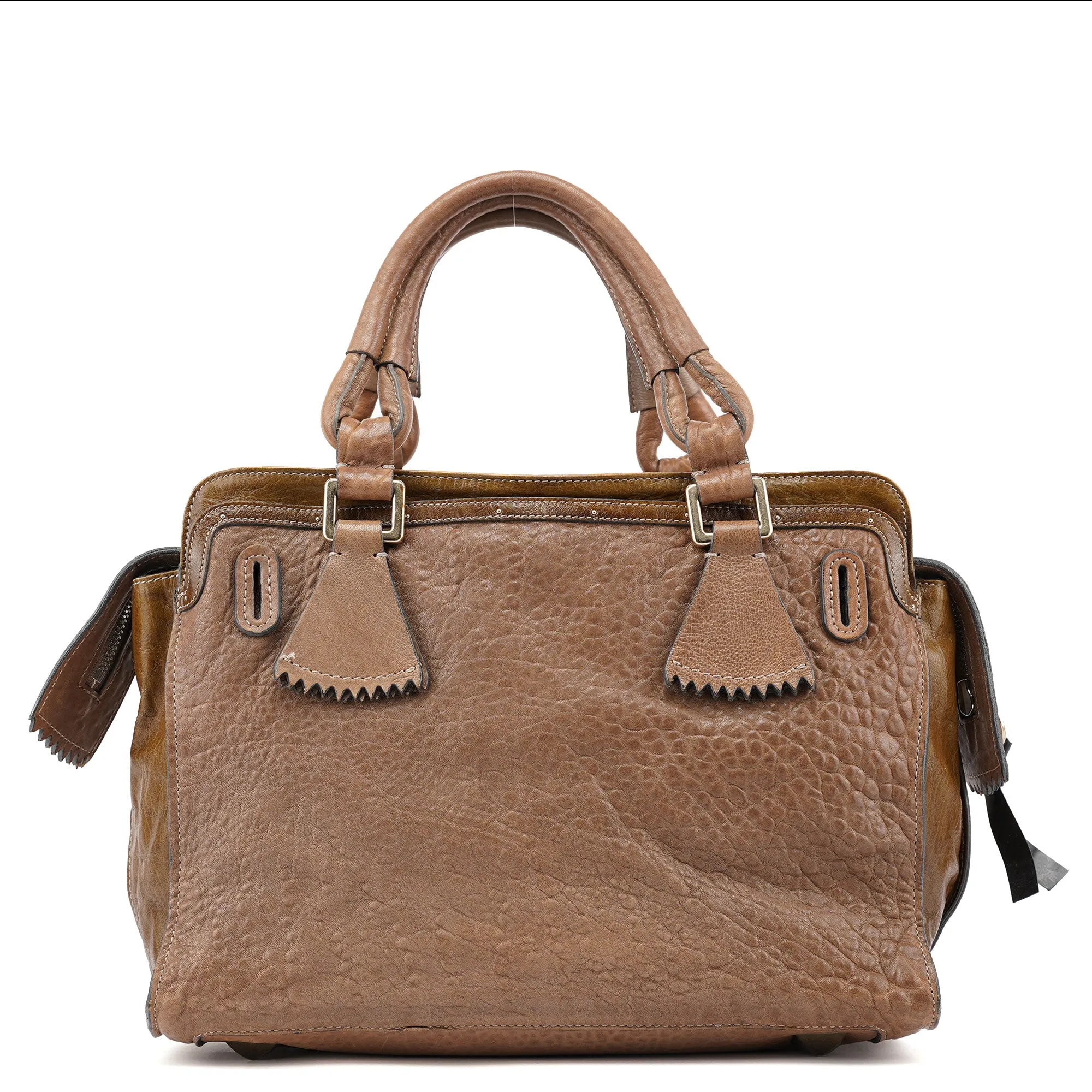 Beige Studded Leather Tote Bag