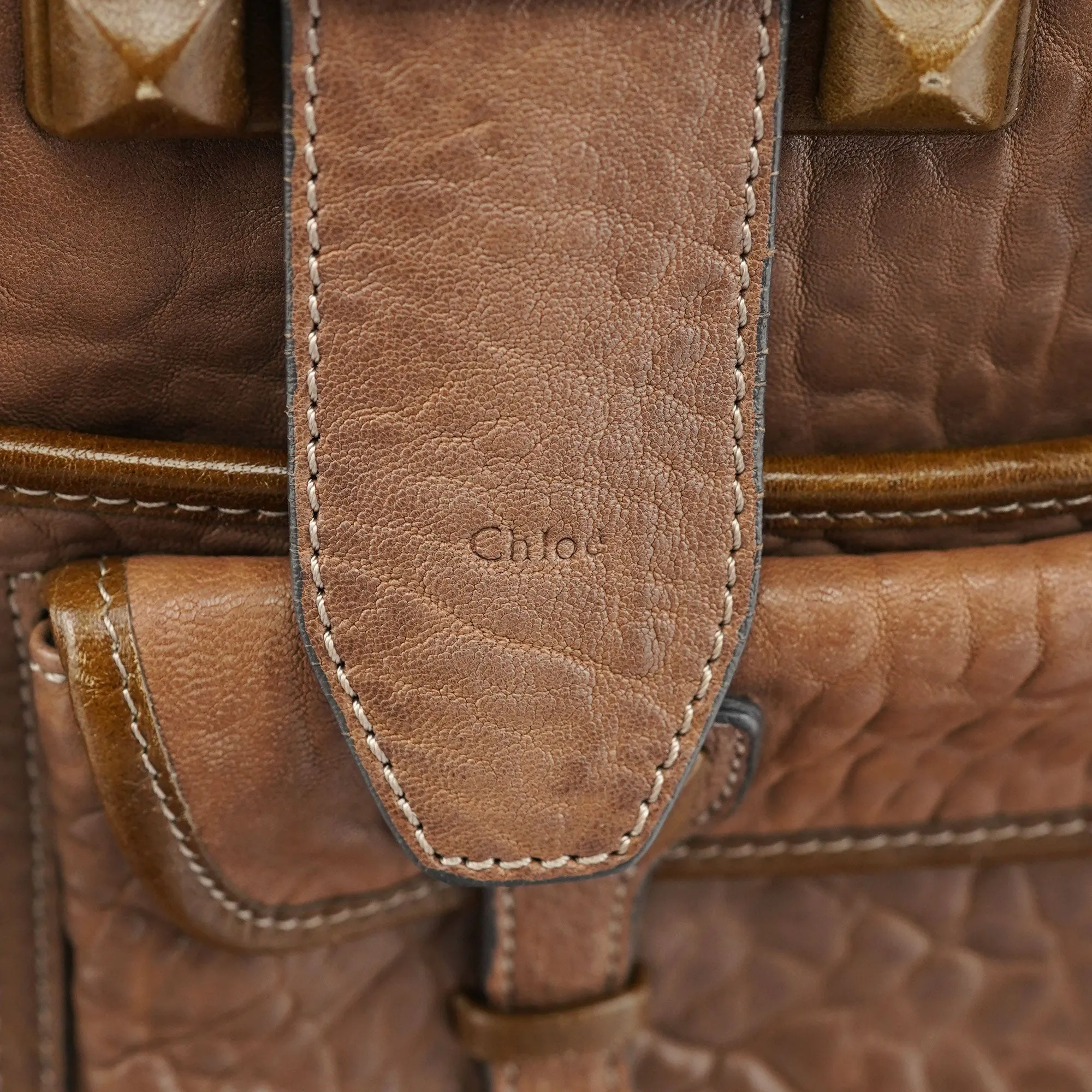 Beige Studded Leather Tote Bag