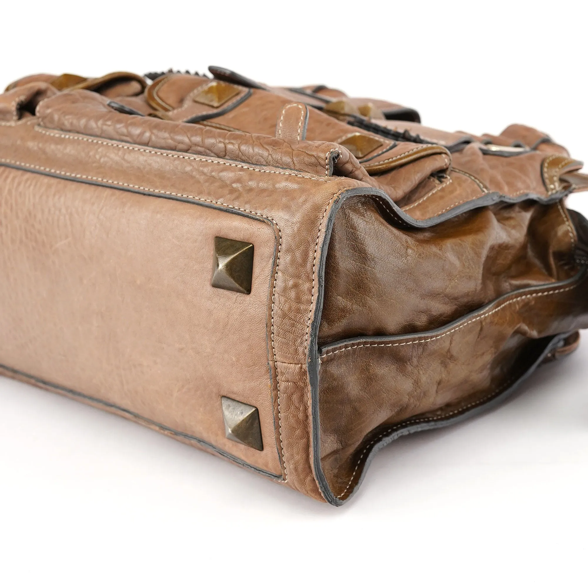 Beige Studded Leather Tote Bag