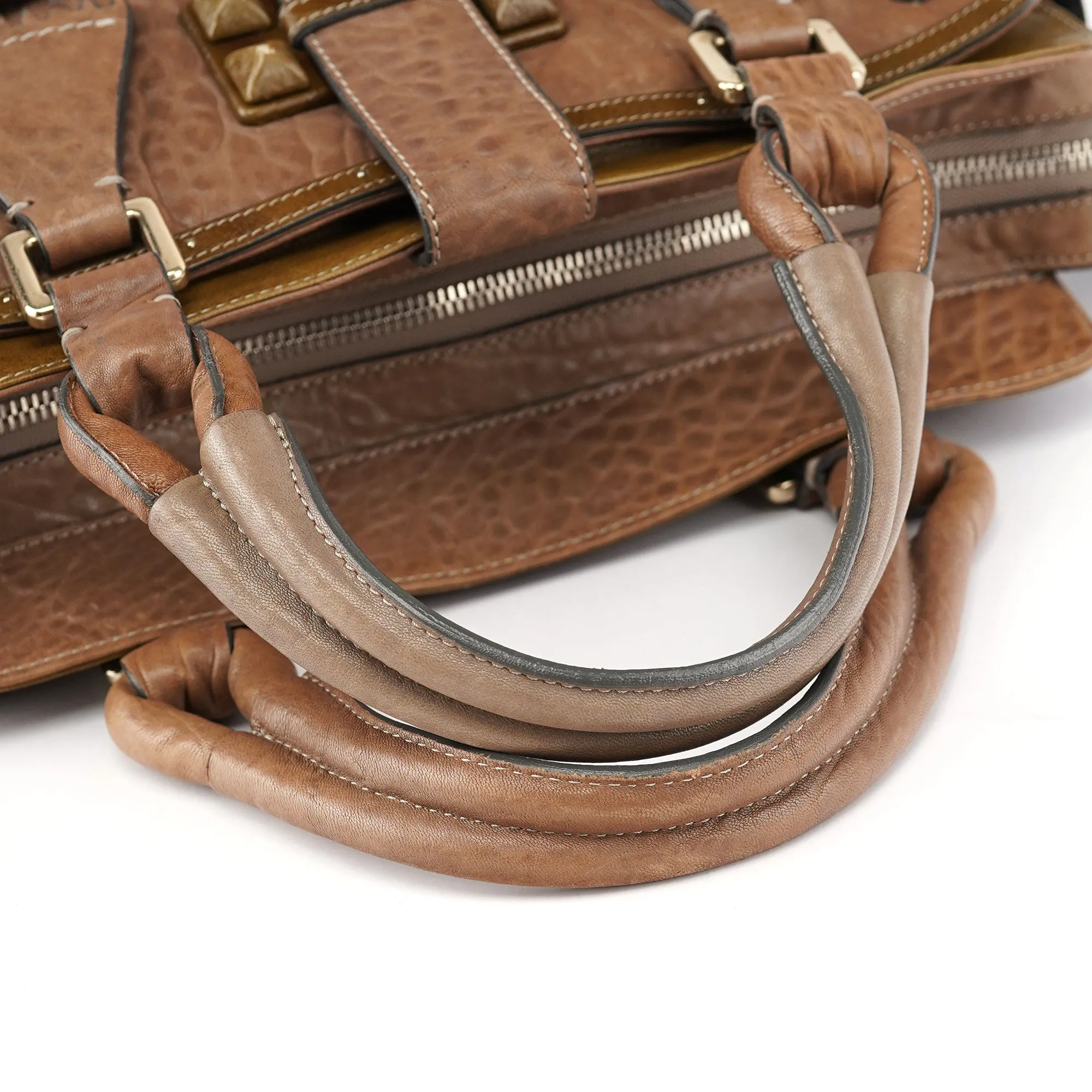 Beige Studded Leather Tote Bag